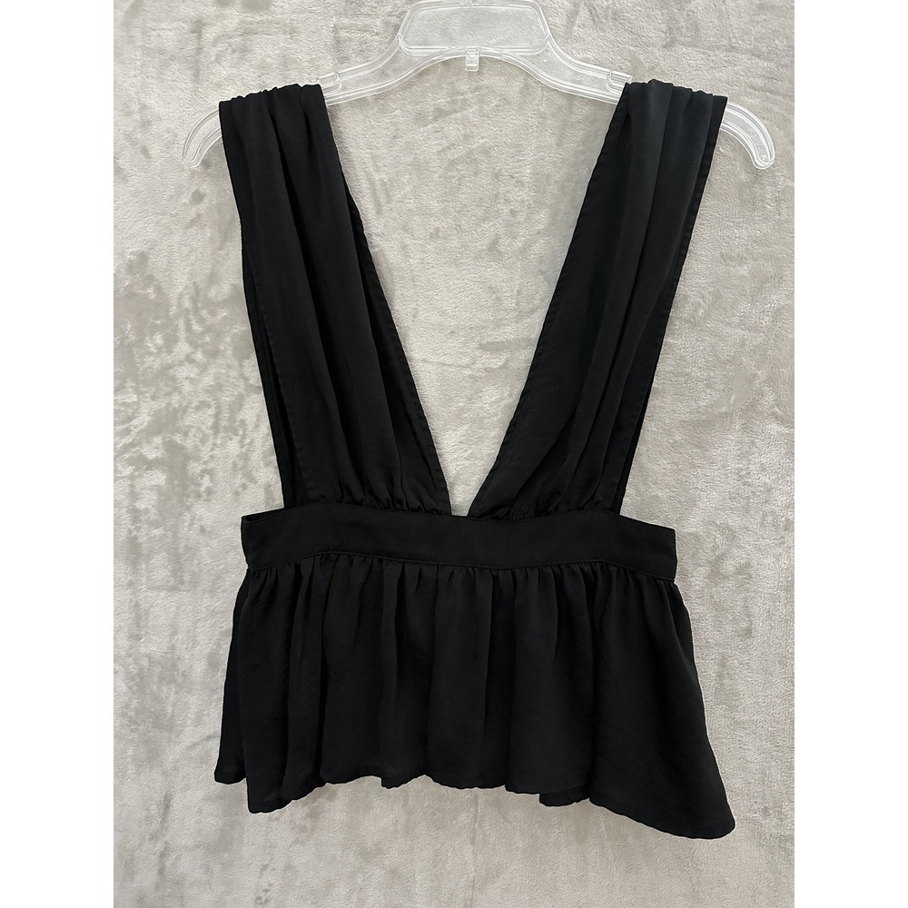 Lucca Peplum Top Womens Small Black Deep V Sleeveless Ruffle Hem Button Back